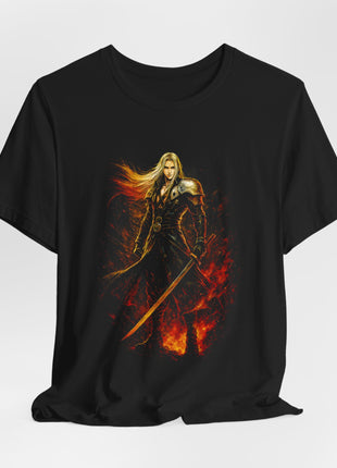 Draped front view of the black Sephiroth Flameblade Graphic T-Shirt.