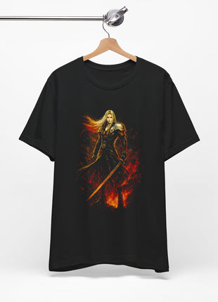 Hanging front view of the black Sephiroth Flameblade Graphic T-Shirt.