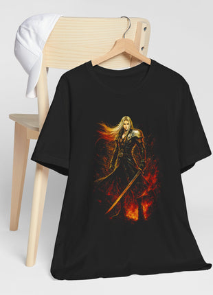 Hanging front view of the black Sephiroth Flameblade Graphic T-Shirt.
