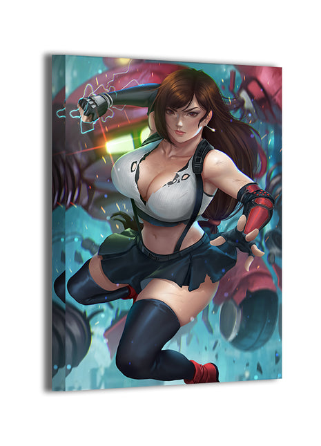 Canvas—JRPG-style brawler mid-air, neon effects and debris; art by Nopeys.