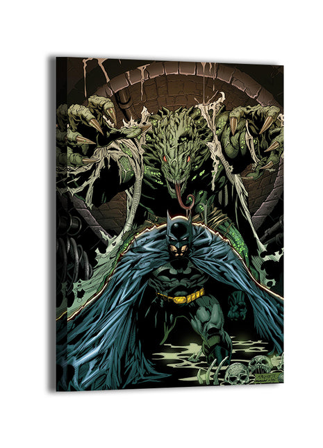 Lifestyle Shot: Sewer battle art displayed in a Batman fan room or comic-themed space

