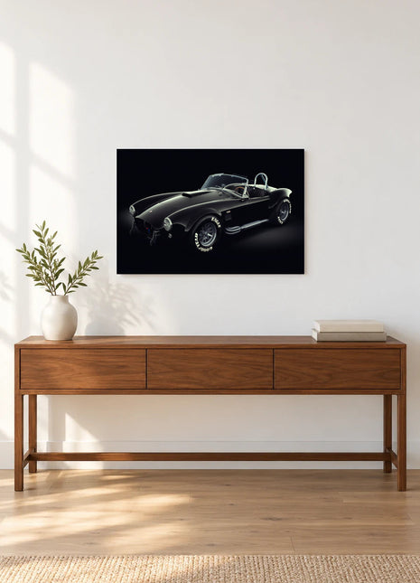 Shadow Rollbar shown as horizontal acrylic wall art above a wooden console with a vase of leafy stems and stacked books.