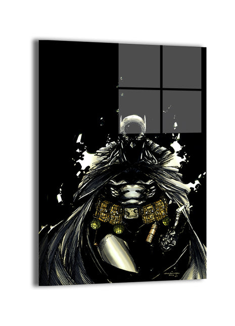 Gloss metal print of Batman cloaked in black with combat tools and armor  
