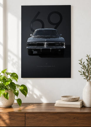 Shadow Sixty-Nine car wall art displayed above a walnut console against a white wall