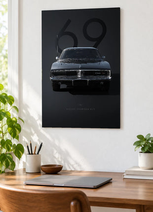 Shadow Sixty-Nine car wall art displayed above a wooden desk against a white wall
