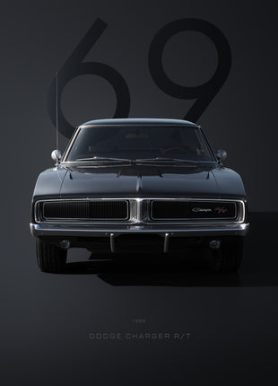 Black classic coupe in a head-on view with a split grille, silver trim, a dark 69, and faint Dodge Charger R/T lettering on charcoal; Shadow Sixty-Nine artwork