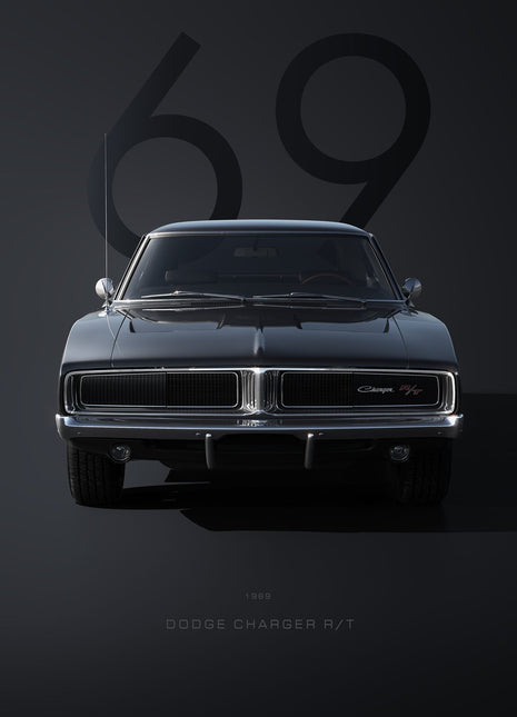 Black classic coupe in a head-on view with a split grille, silver trim, a dark 69, and faint Dodge Charger R/T lettering on charcoal; Shadow Sixty-Nine artwork