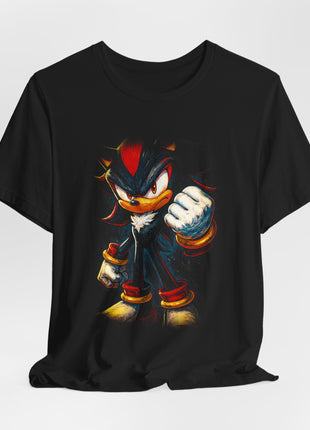 Draped front view of the black Shadow the Hedgehog Chaos Fist Graphic T-Shirt.