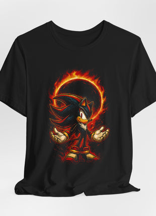 Gathered front of a black T-shirt showing full-length Shadow, white gloves and red shoes against fiery orange artwork.
