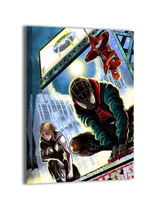 Shadows Across Worlds wall art featuring Miles Morales, Gwen Stacy, and Peter Parker — alternate artwork view