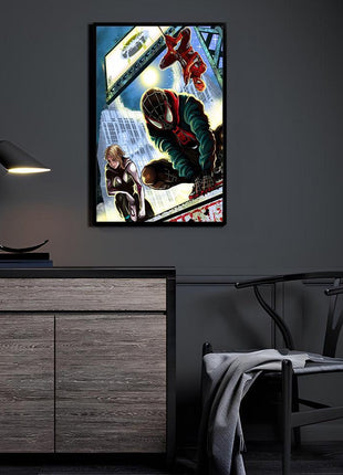 Shadows Across Worlds wall art featuring Miles Morales, Gwen Stacy, and Peter Parker — room display mockup