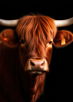 Shaggy copper-colored cow with long horns and hair over its eyes against black.
