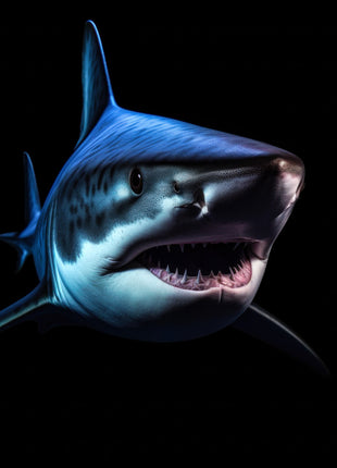 Blue-gray shark with an open mouth, visible teeth and a tall dorsal fin against black.