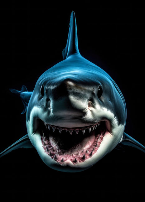 Head-on shark with an open mouth, visible teeth and bright blue highlights against black.