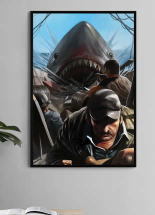 Jaws-inspired 11x17 art print – shark attacking boat crew with full chaos