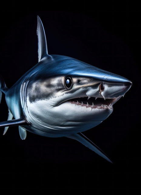 Silver-blue shark in three-quarter view with its mouth partly open and teeth visible against black.