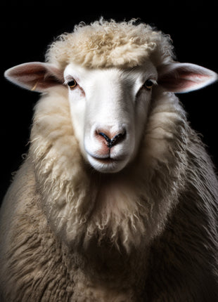 Cream-colored sheep with a woolly forehead and thick fleece against black.