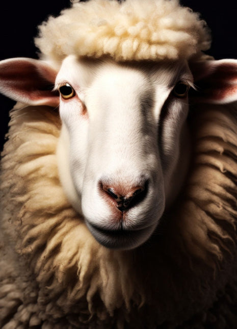 Close-up of a pale-faced sheep with a thick golden-cream fleece and woolly forehead against black.
