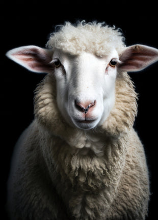 Pale sheep with a fluffy forehead and silver-cream fleece against black.