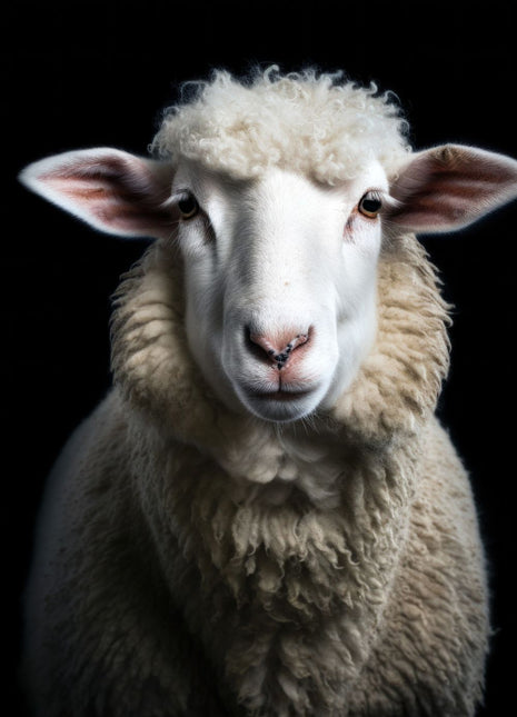 Pale sheep with a fluffy forehead and silver-cream fleece against black.