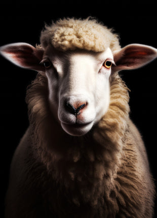 Sheep with a cream face, small curly forelock and tawny fleece against black.