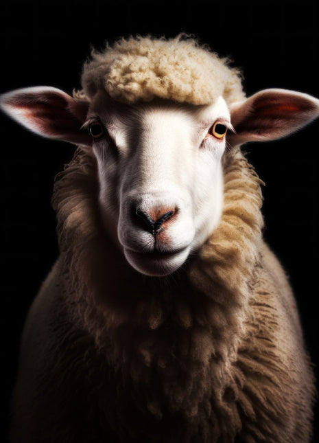 Sheep with a cream face, small curly forelock and tawny fleece against black.