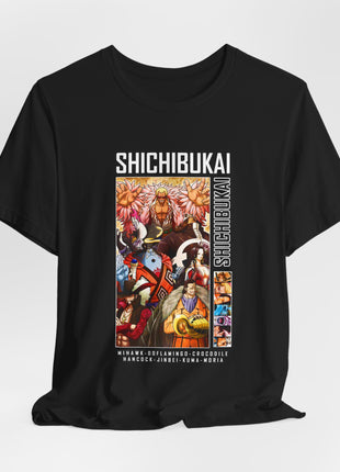 Draped front view of the black Shichibukai Character Collage Graphic T-Shirt.