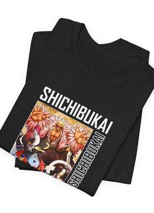 Folded black Shichibukai Character Collage Graphic T-Shirt showing the front artwork.