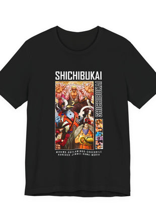 Front of a black T-shirt. Artwork: A colorful group collage fills a rectangular panel beneath bold white SHICHIBUKAI lettering.