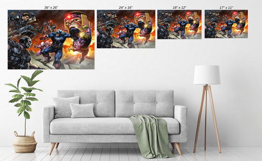 Captain America Size Chart comic wall art by Ryan Pasibe featuring Marvel heroes and villains.
