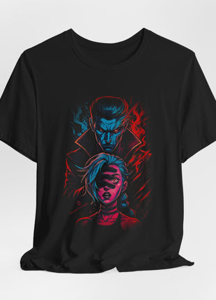 Draped front view of the black Silco and Jinx Red and Blue Portrait Graphic T-Shirt.