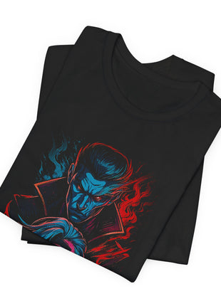 Folded view of the black Silco and Jinx Red and Blue Portrait Graphic T-Shirt.