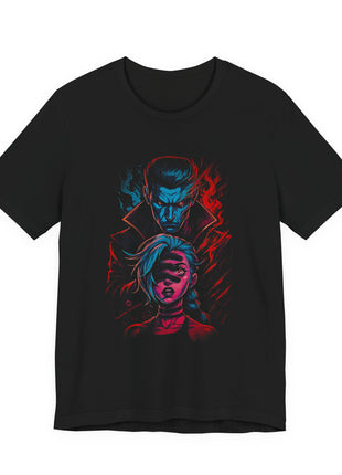 Front view of the black Silco and Jinx Red and Blue Portrait Graphic T-Shirt.