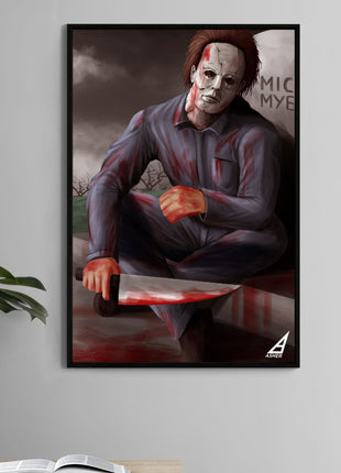 Poster—masked slasher seated by a grave, bloodied knife and fog; art by Ben Asher.