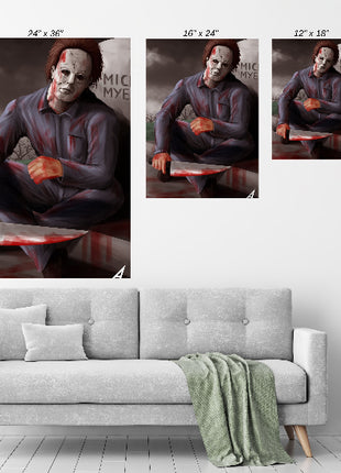 Room mockup—Graveyard Silence framed on wall, horror-themed décor centerpiece.