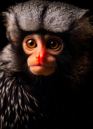 Dark-furred monkey with broad silver-tipped crest, orange face and wide eyes against black.
