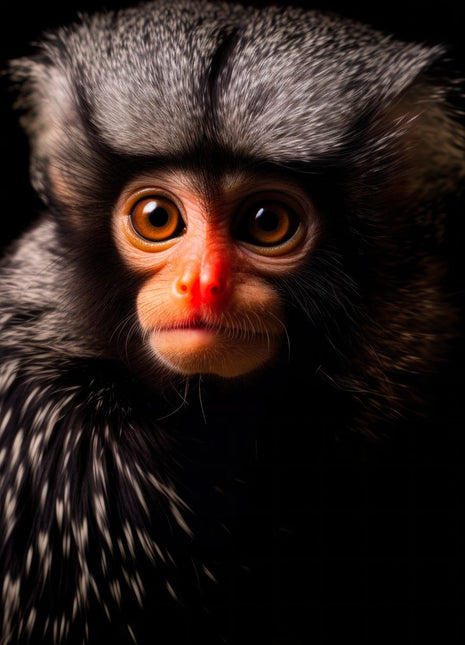 Dark-furred monkey with broad silver-tipped crest, orange face and wide eyes against black.