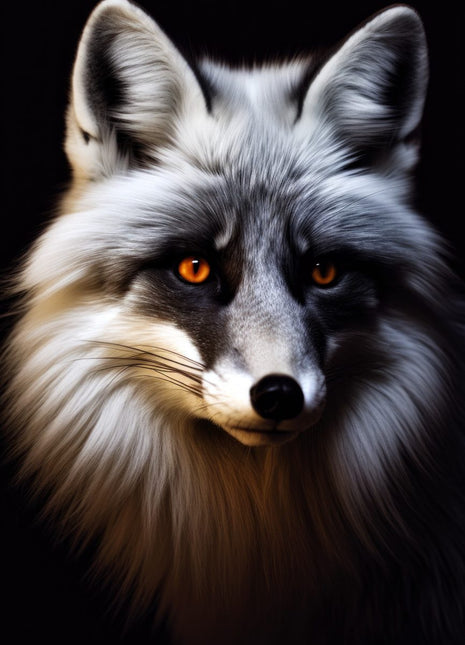 Silver fox in three-quarter view with orange eyes, a dark mask and cream-edged cheek fur on black.