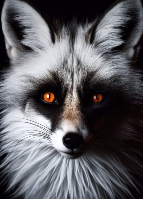 Silver fox with tall ears, copper eyes, dark face mask and long white-charcoal chest fur against black.