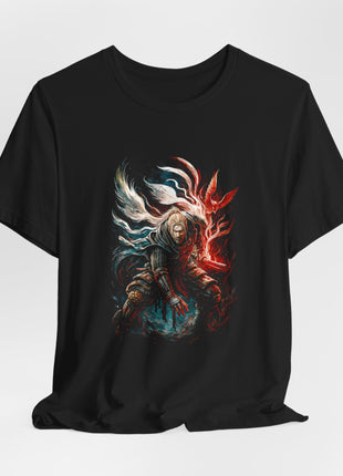 Draped front view of a black T-shirt showing a crouching armored swordsman with one hand lowered and a sword hilt beside him.