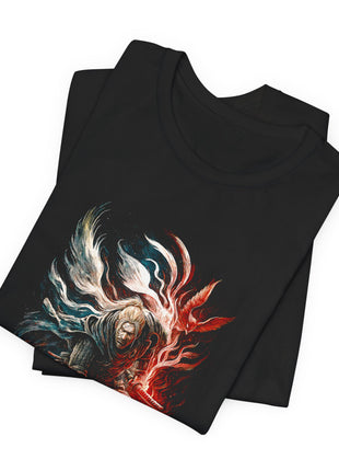 Folded black T-shirt close-up of the silver-haired swordsman’s face, shoulder wrap and sweeping white and red trails.