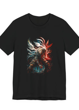 Front of a black T-shirt featuring a silver-haired armored swordsman beneath red and white flame-like trails.