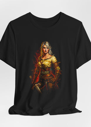 Draped front view of the black Silver-Haired Swordswoman Golden Guard Graphic T-Shirt.