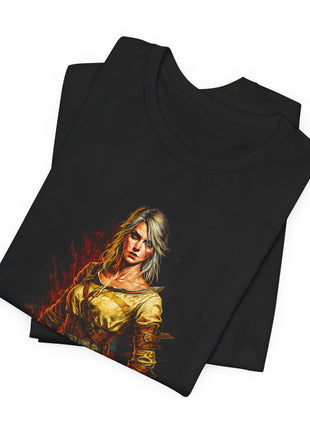 Folded view of the black Silver-Haired Swordswoman Golden Guard Graphic T-Shirt.