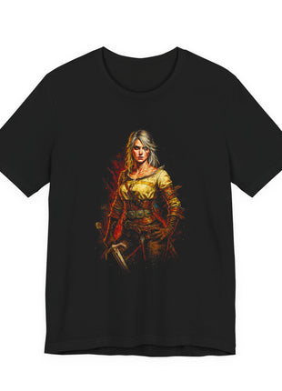 Front view of the black Silver-Haired Swordswoman Golden Guard Graphic T-Shirt.