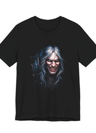Front of black T-shirt showing a grinning silver-haired warrior with green eyes, chainmail and a blue-accented ornate weapon.