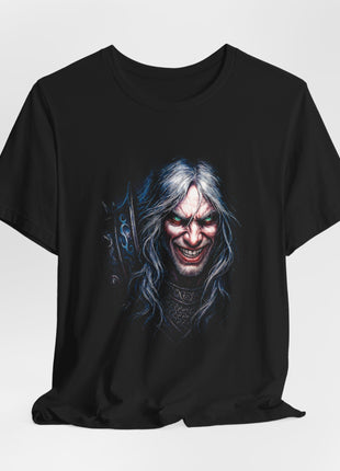 Draped black T-shirt with gathered hem showing a grinning silver-haired warrior with green eyes, chainmail and a blue-accented ornate weapon.
