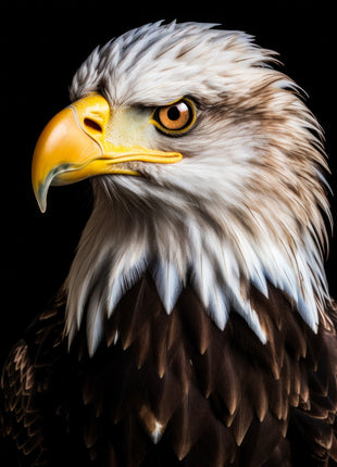 Pale-headed eagle facing left with a yellow beak and dark brown chest against black.