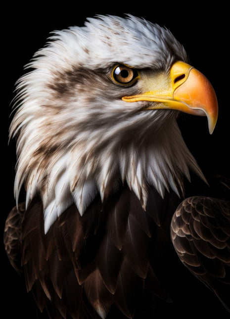 Pale-headed eagle facing right, yellow beak and silver-gray feathers against black.