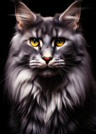 Silver-gray long-haired tabby with tufted ears, golden eyes, dark facial stripes and full pale chest ruff.